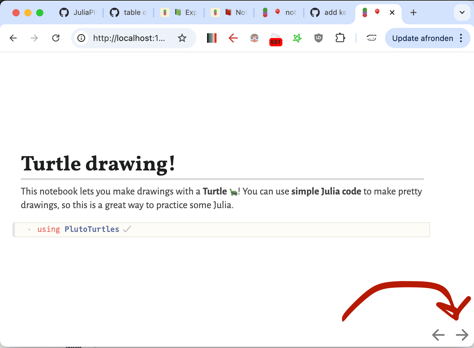 Screenshot of presentation mode with the navigation buttons highlighted